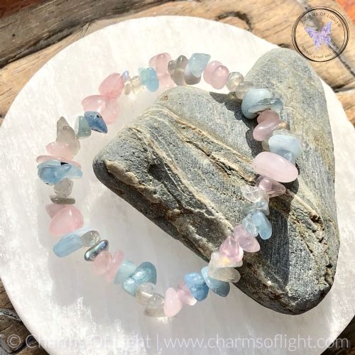 Rose Quartz, Labradorite & Aquamarine Crystal Chip Stretch Bracelet